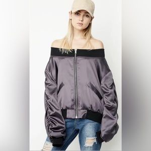 Hayden Charcoal Blue Off The Shoulder Bomber Jacket size S